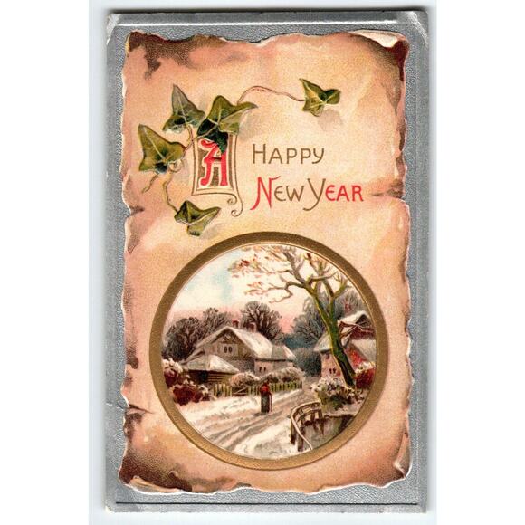 Happy New Year Postcard Embossed Country Cottage Winter Scene Davidson Germany - Picture 1 of 2